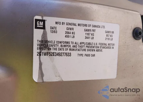 2004 Chevrolet Impala из США, поврежденный, VIN 2G1WF52E349277633